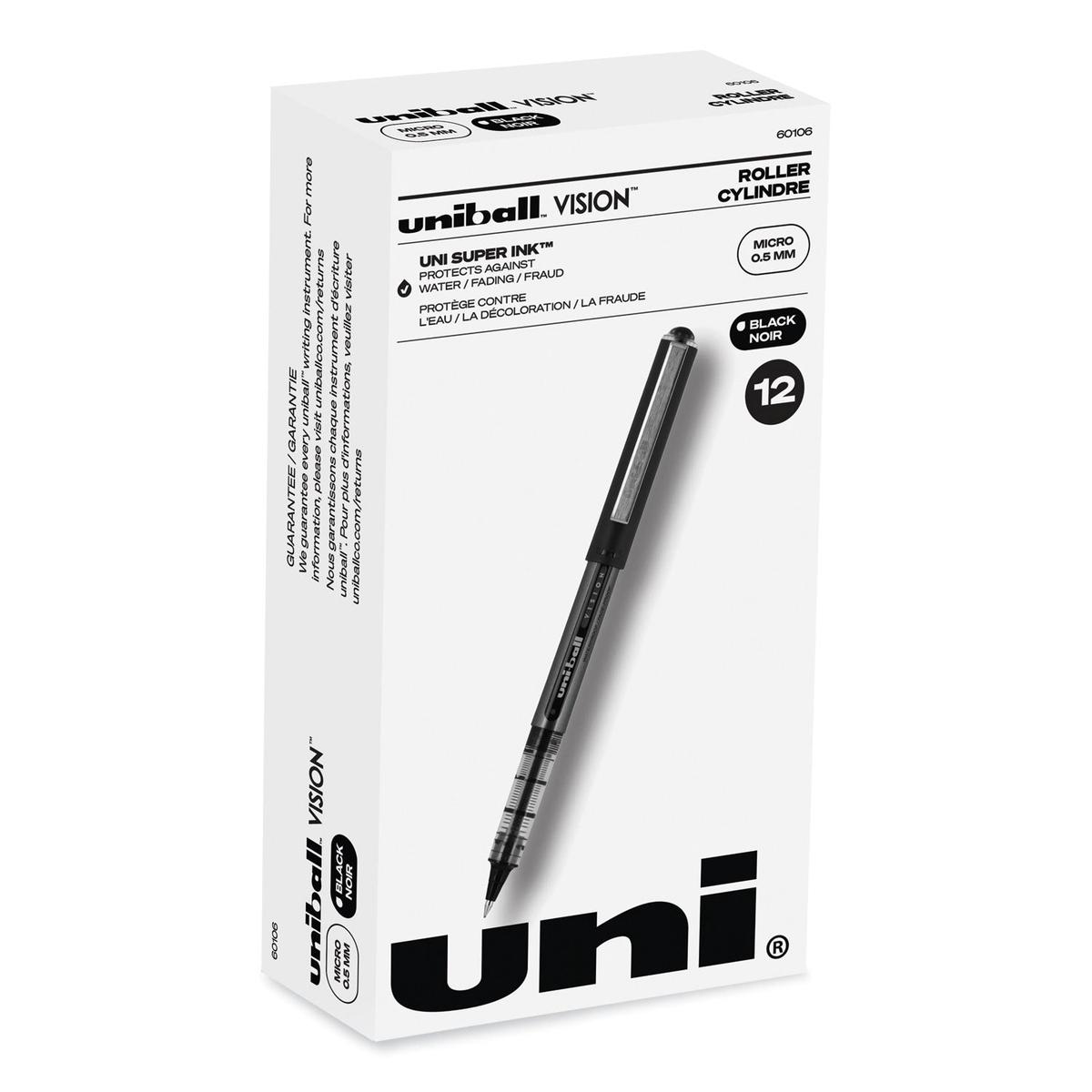 uni-ball VISION Roller Ball Pen, Stick, Extra-Fine 0.5 mm, Black Ink, Gray/Black/Clear Barrel, Dozen (60106)