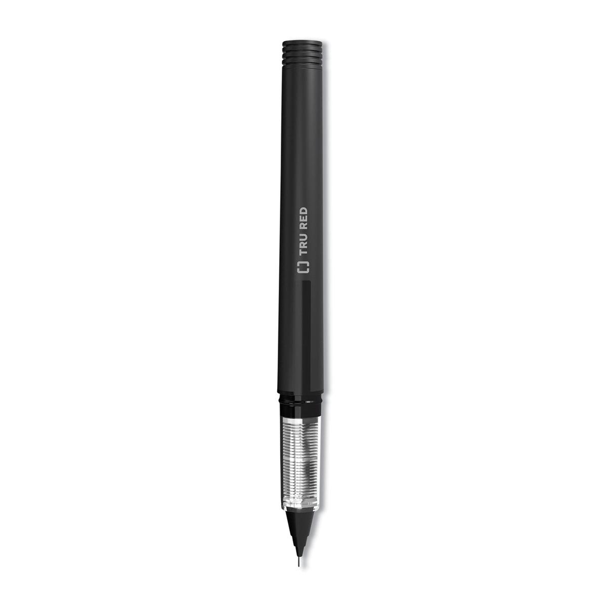TRU RED Roller Ball Pen, Stick, Fine 0.5 mm Needle Tip, Black Ink, Black/Clear Barrel, Dozen (24419533)