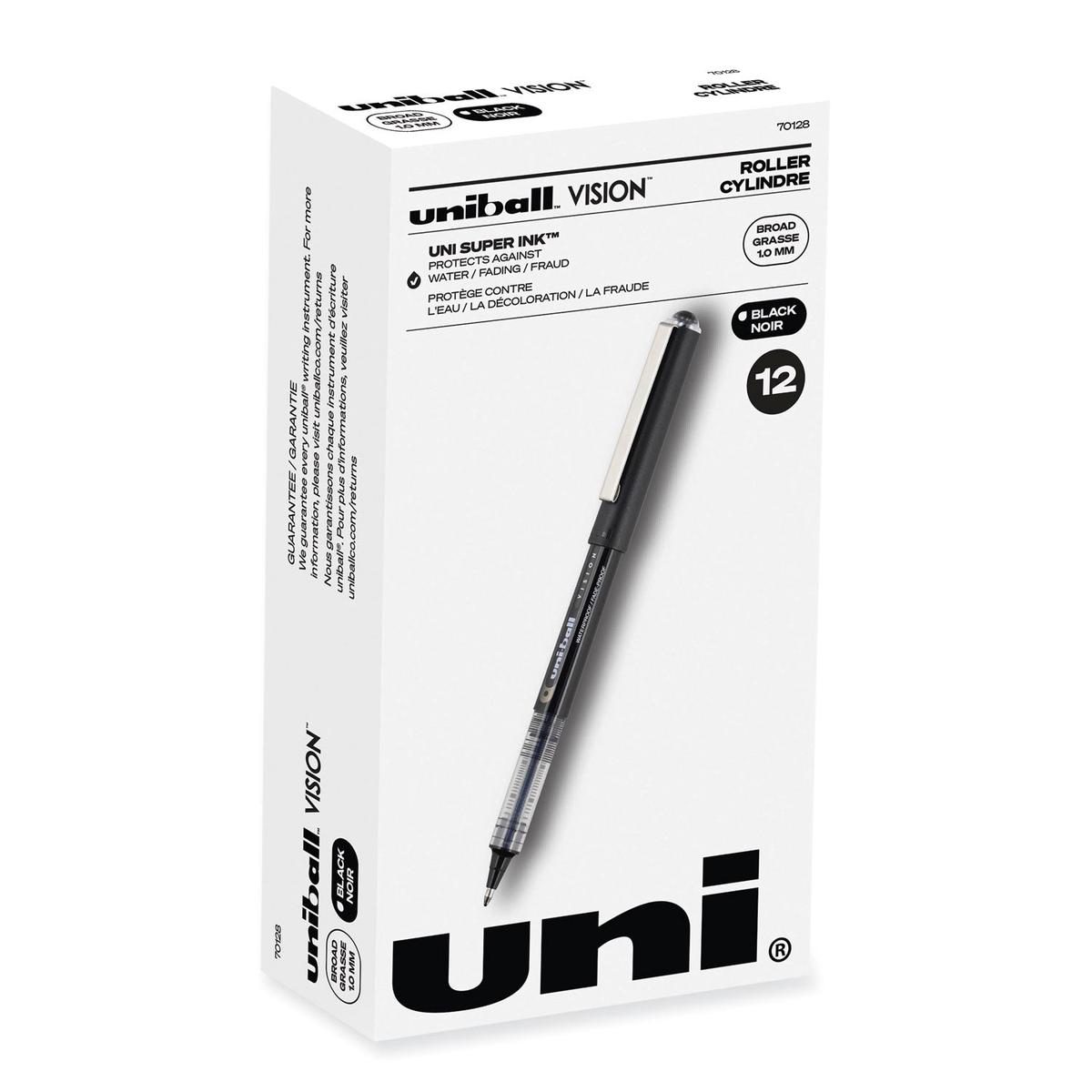 uni-ball VISION Roller Ball Pen, Stick, Bold 1 mm, Black Ink, Gray/Black/Clear Barrel, Dozen (70128)