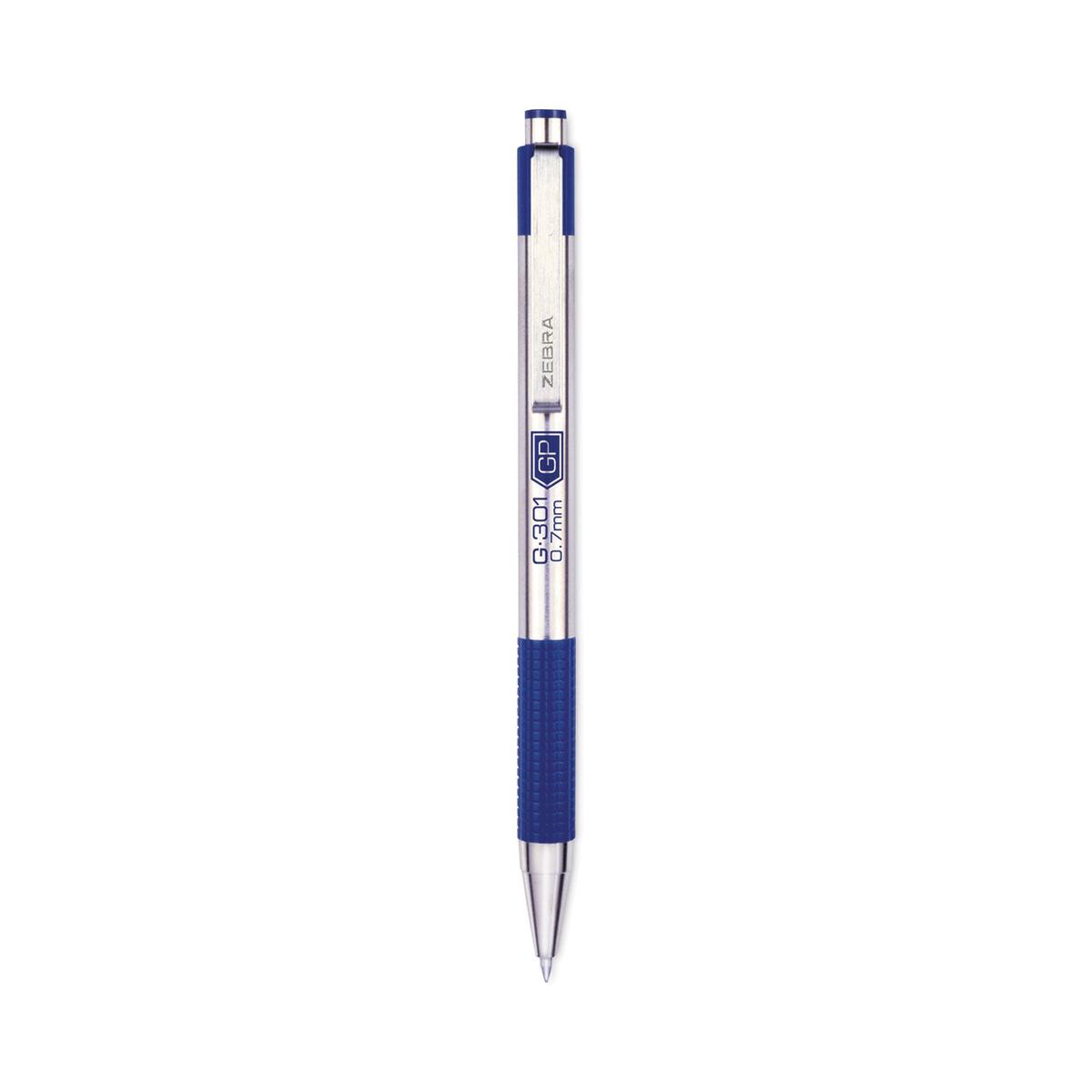 Zebra G-301 Gel Pen, Retractable, Medium 0.7 mm, Blue Ink, Stainless Steel/Blue Barrel, 2/Pack (41322)