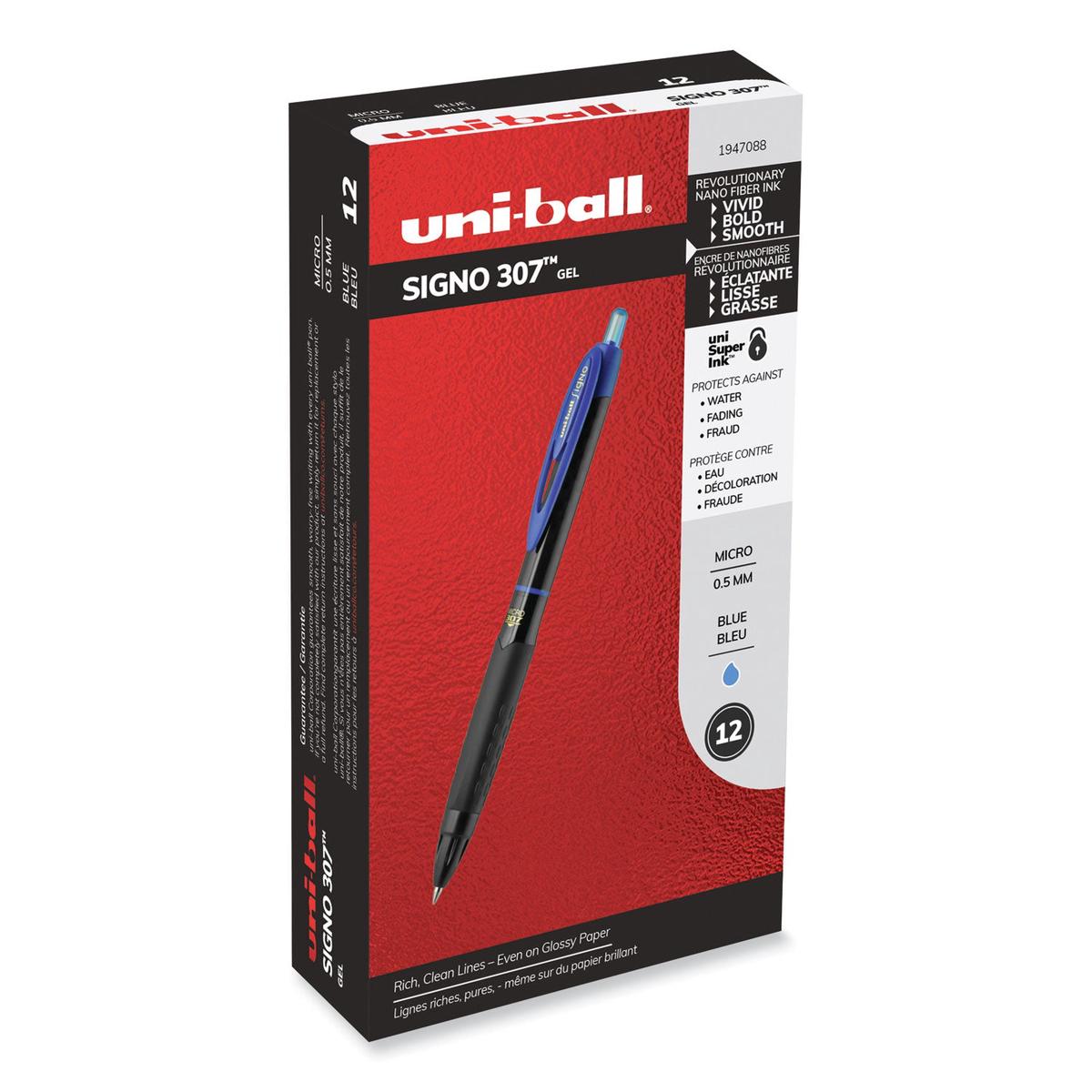 uni-ball 307 Gel Pen, Retractable, Fine 0.5 mm, Blue Ink, Black Barrel, Dozen (1947088)