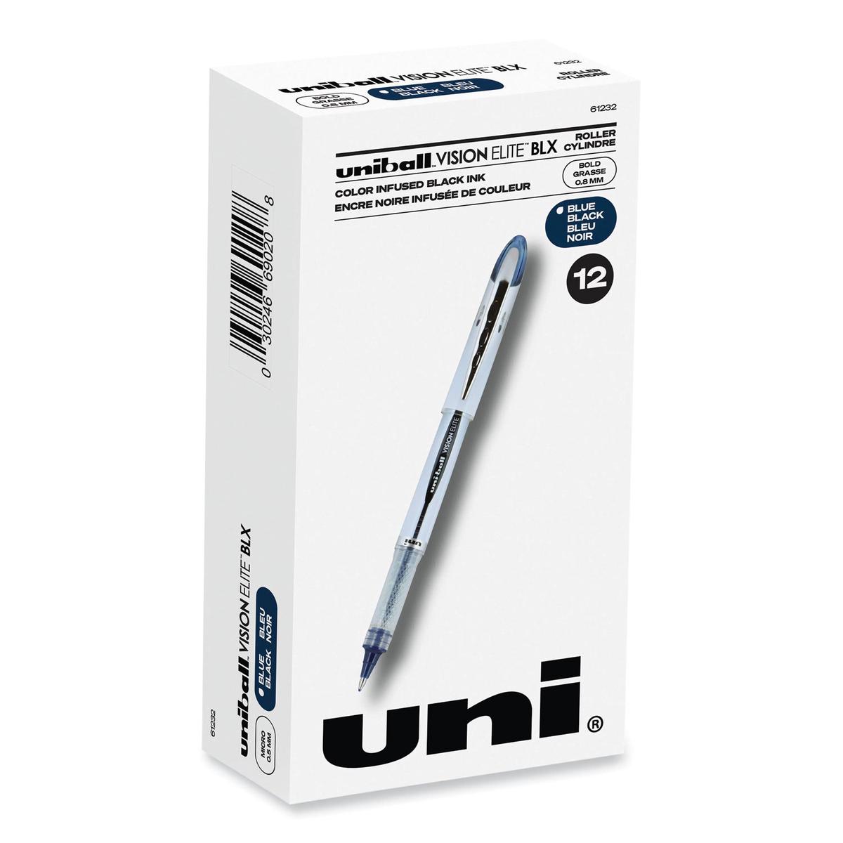 uni-ball VISION ELITE Hybrid Gel Pen, Stick, Bold 0.8 mm, Blue-Infused Black Ink, White/Blue/Clear Barrel (61232)