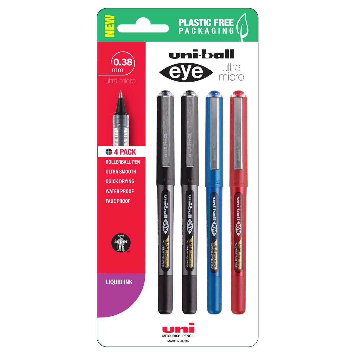 Uni Eye 0.38mm Ultra Micro Capped Rollerball Pen, Assorted Colours, 4’s pack
