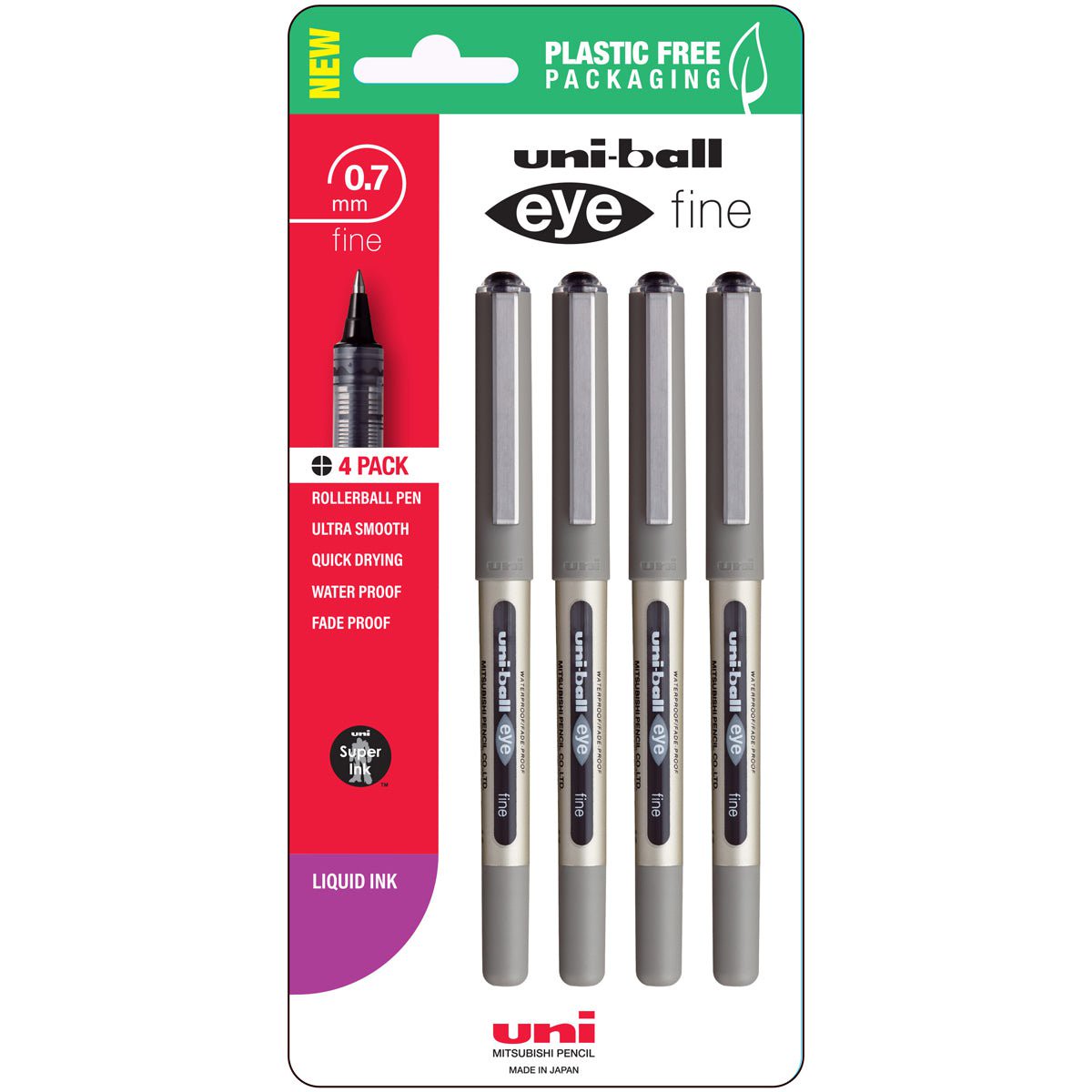 Uni Eye 0.7mm Fine Capped Rollerball Pen, Black 4’s pack
