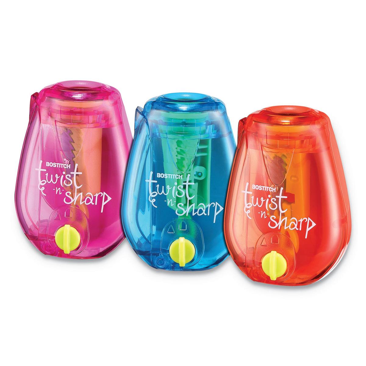 Bostitch Twist-n-Sharp Pencil Sharpener, One-Hole, 3.5 x 1.25 x 5.5, Randomly Assorted Colors, 6/Pack (PS1ADJPK)