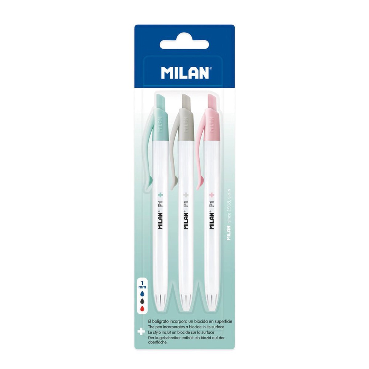 Milan Anti-Bacterial P1+ Assorted Colour Ballpoint Pens 3’s pack
