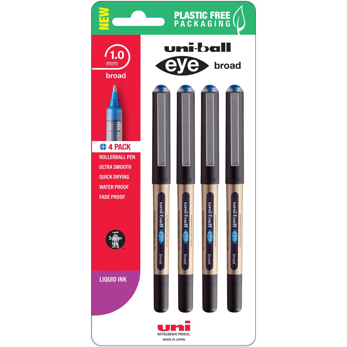 Uni Eye 1.0mm Broad Capped Blue Rollerball Pen, 4’s pack