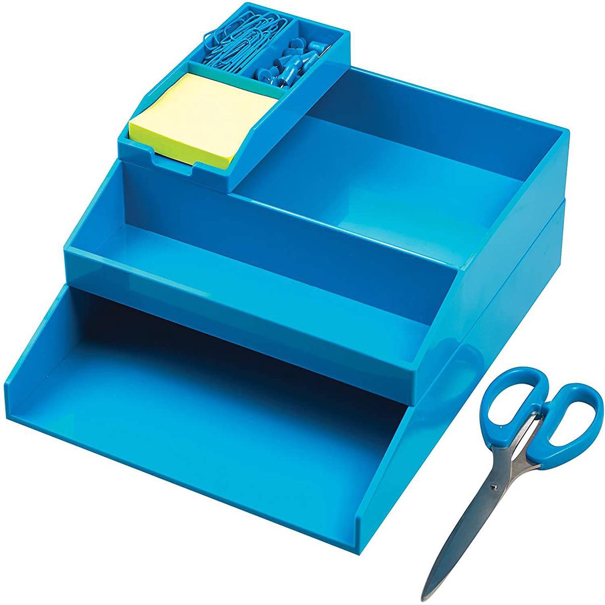 All in One Office Desk Organizer 3 Trays Scissors Sticky Notes 260x55x320 Blue
