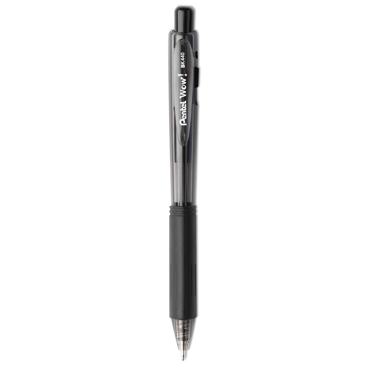 Pentel WOW! Ballpoint Pen, Retractable, Medium 1 mm, Black Ink, Smoke/Black Barrel, Dozen (BK440A)