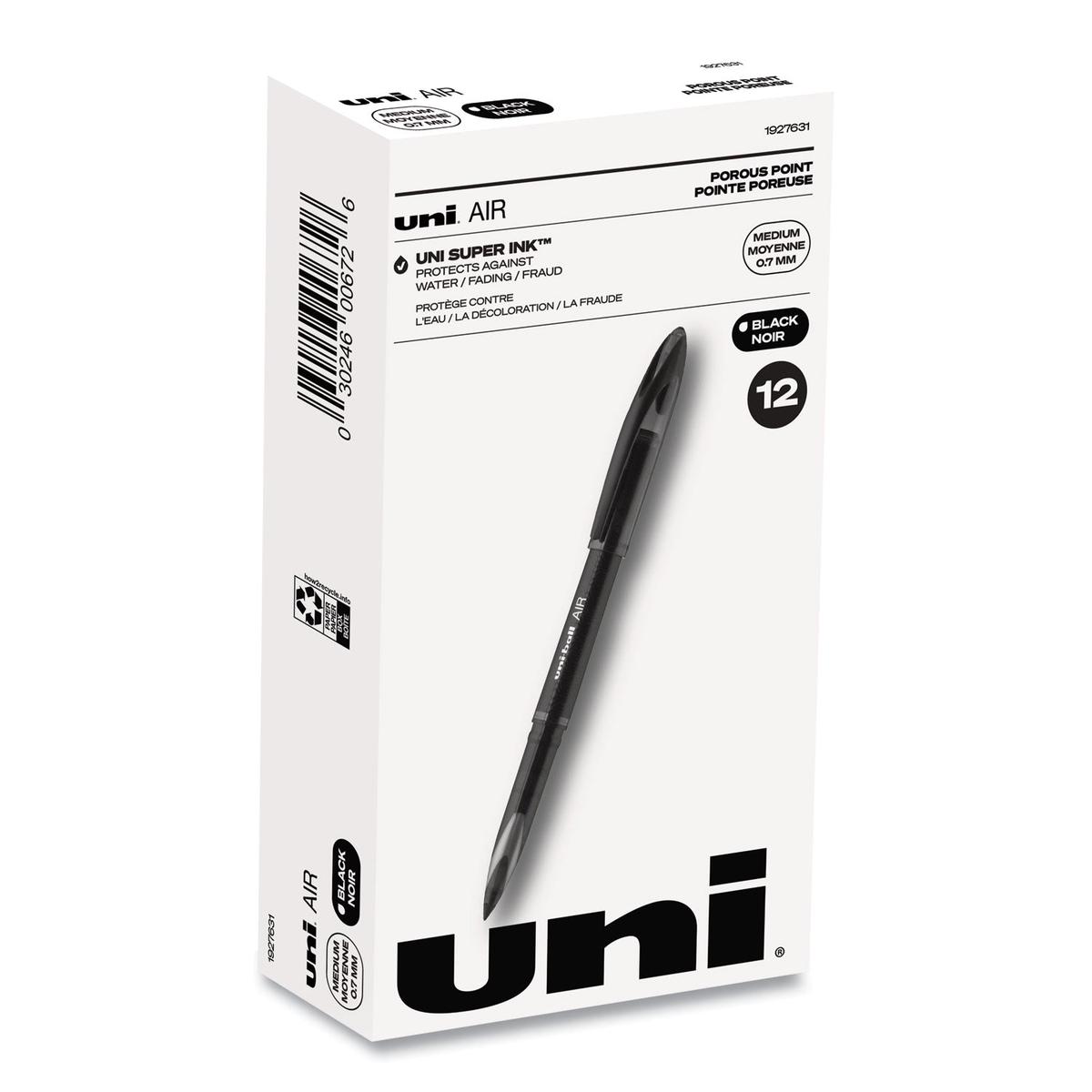 uni-ball AIR Porous Rollerball Pen, Medium 0.7 mm, Black Ink/Barrel, Dozen (1927631)