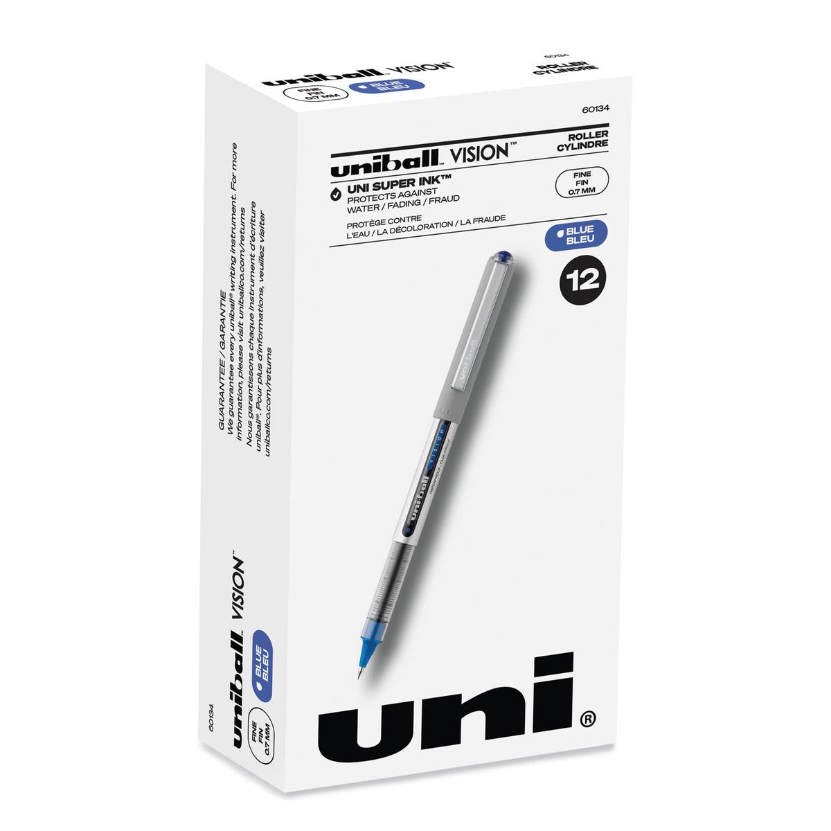 uni-ball VISION Roller Ball Pen, Stick, Fine 0.7 mm, Blue Ink, Silver/Blue/Clear Barrel, Dozen (60134)