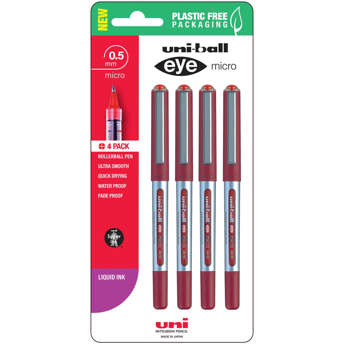 Uni Eye 0.5mm Micro Capped Red Rollerball Pen, 4’s pack
