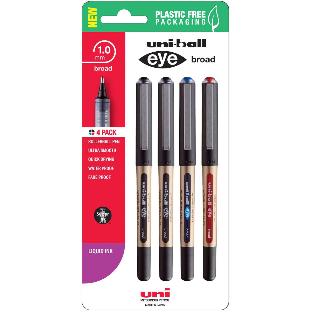 Uni Eye 1.0mm Broad Capped Rollerball Pen, Assorted 4’s pack