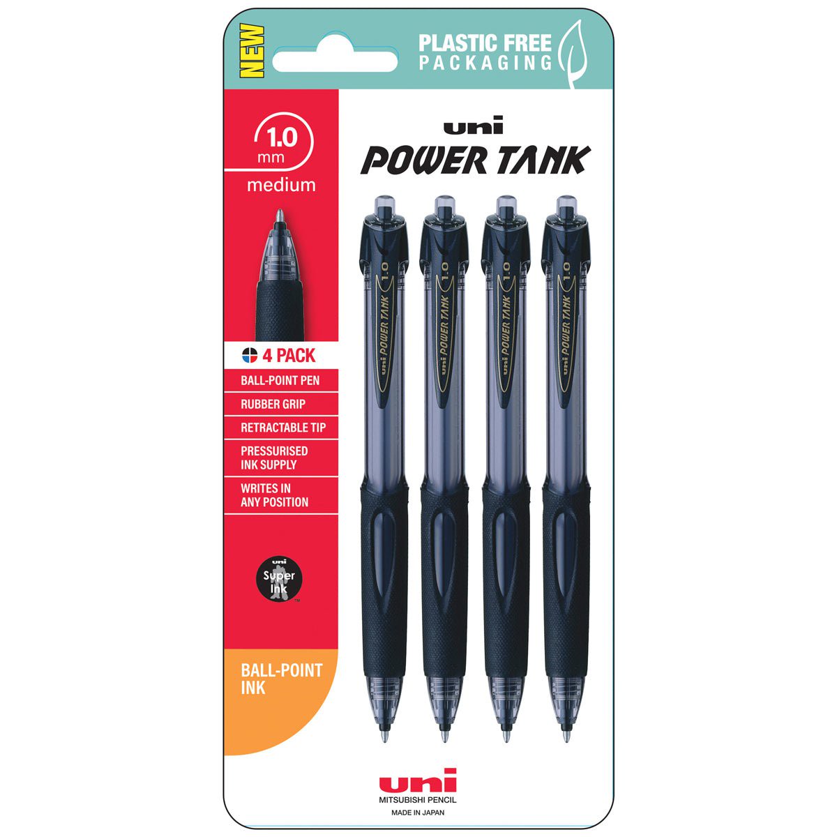 Uni PowerTank 1.0mm Retractable Pen, Black, 4’s pack