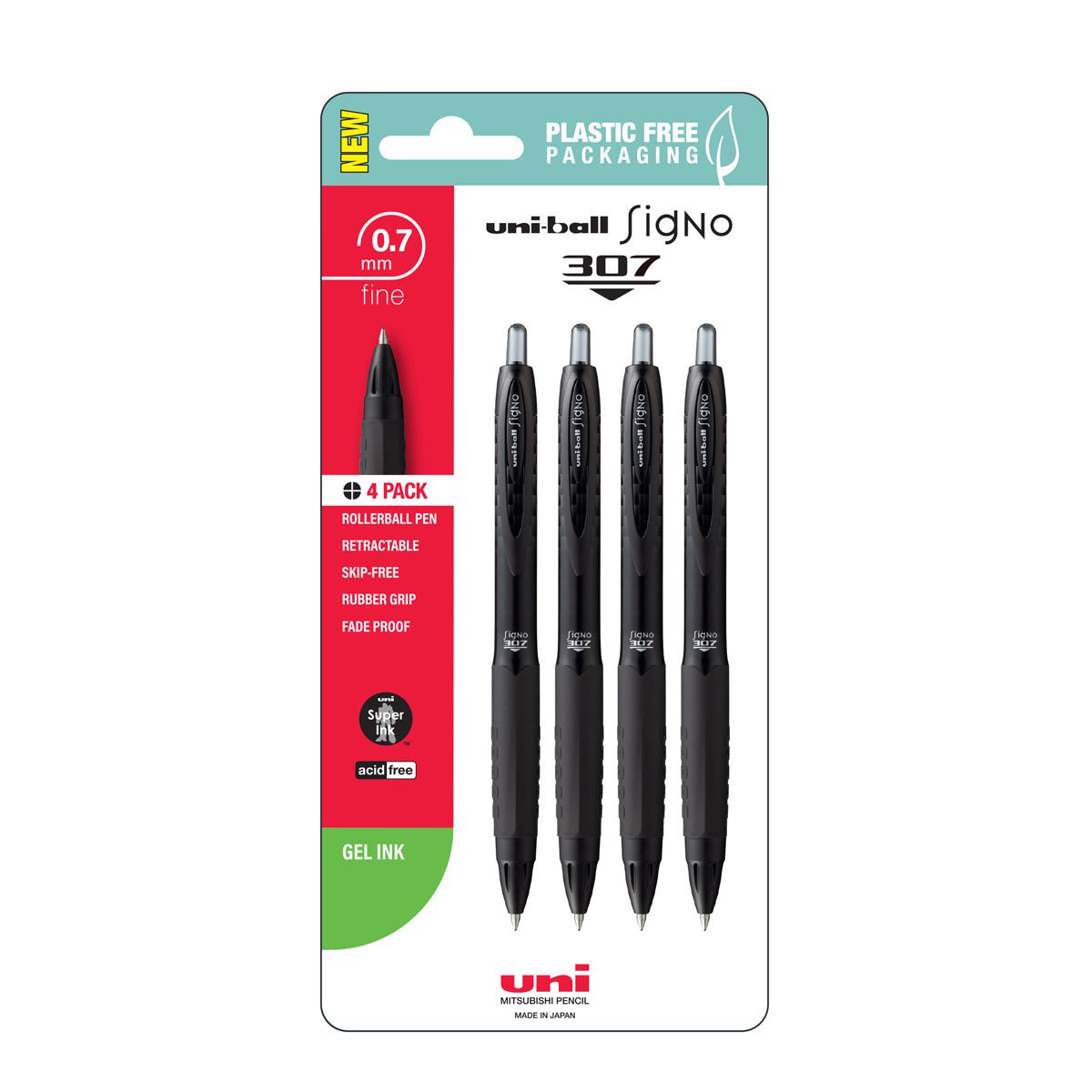 Uni Signo 307 Rollerball Pen, 0.7mm Fine Retractable Black, Pack of 4