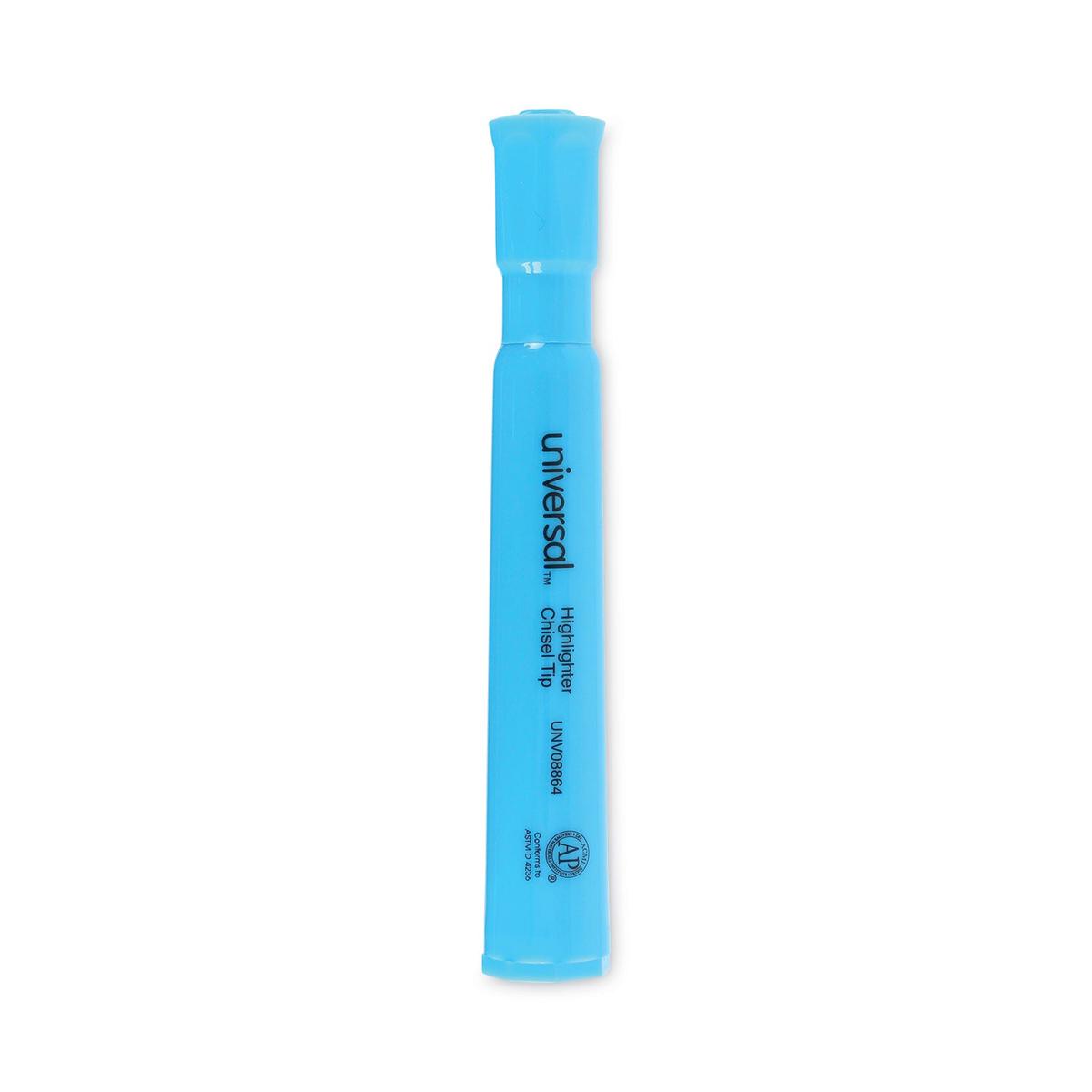 Universal Desk Highlighters, Fluorescent Blue Ink, Chisel Tip, Blue Barrel, Dozen (08864)