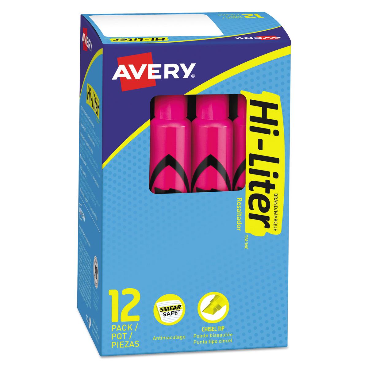 Avery HI-LITER Desk-Style Highlighters, Fluorescent Pink Ink, Chisel Tip, Pink/Black Barrel, Dozen (24010)