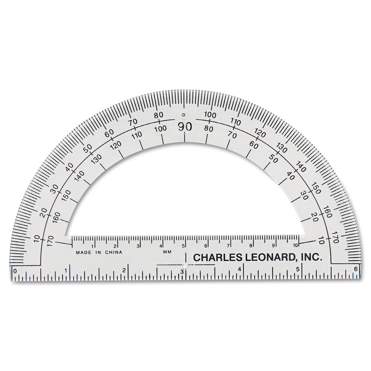 Charles Leonard Open Center Protractor, Plastic, 6″ Ruler Edge, Clear, Dozen (77106)