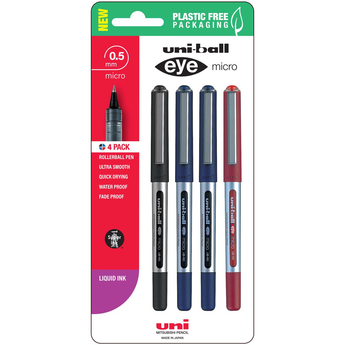 Uni Eye 0.5mm Micro Capped Assorted Rollerball Pen, 4’s pack