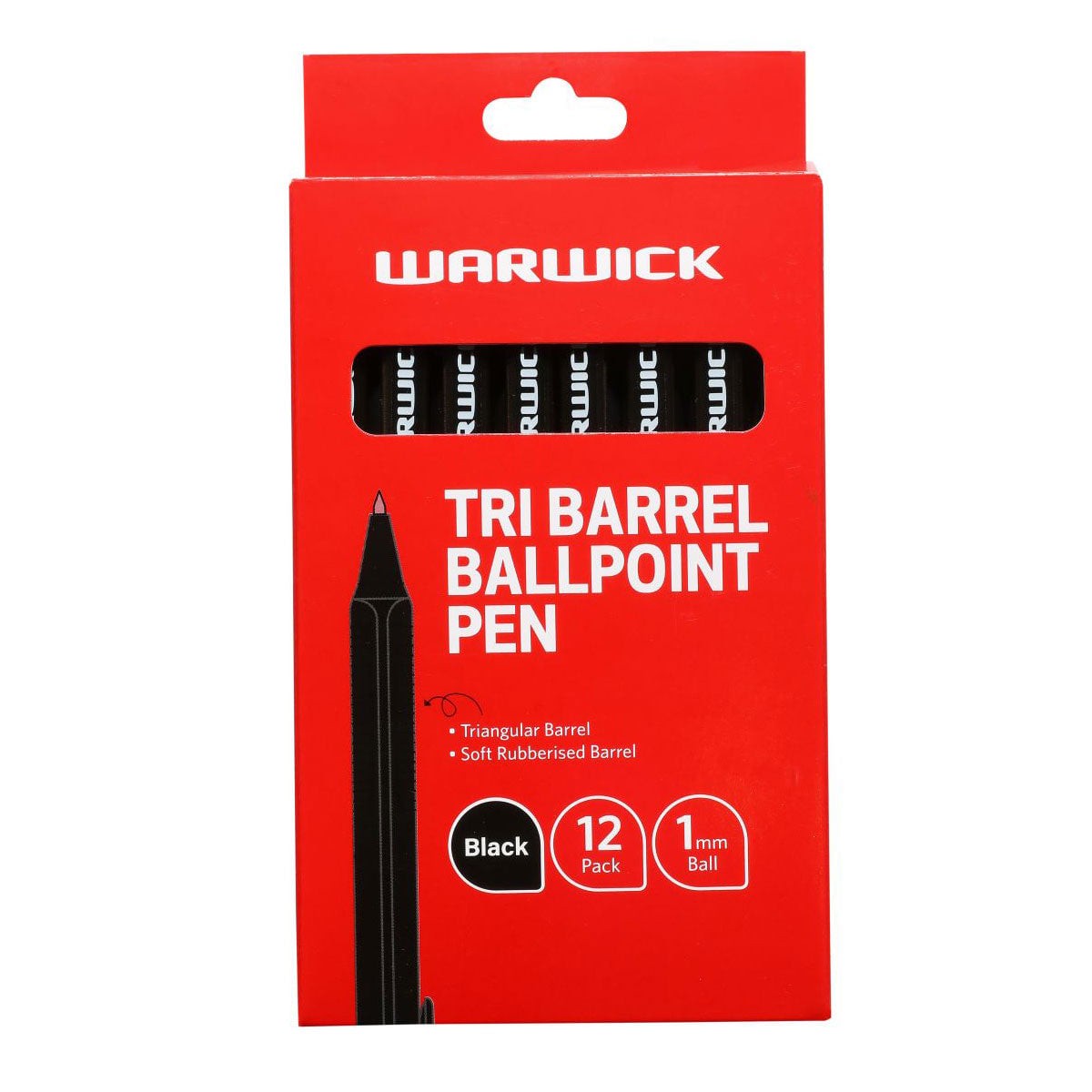 Warwick Tri Barrel Ballpoint Pen, 1.0mm Medium, Black, Pack of 12